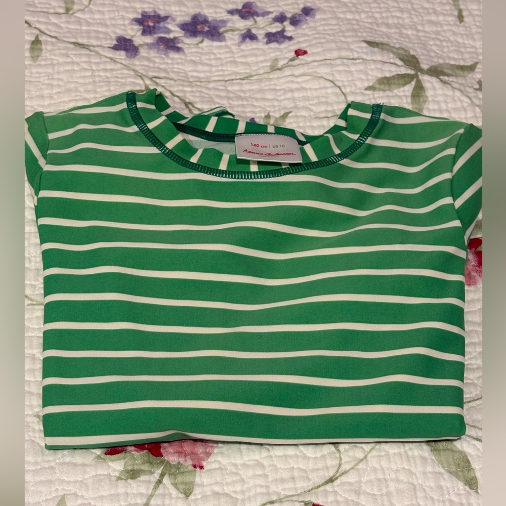 2 FOR 20! Hanna Andersson Girl Size 10 Green White Striped Swim Shirt Rashguard - Picture 2 of 13